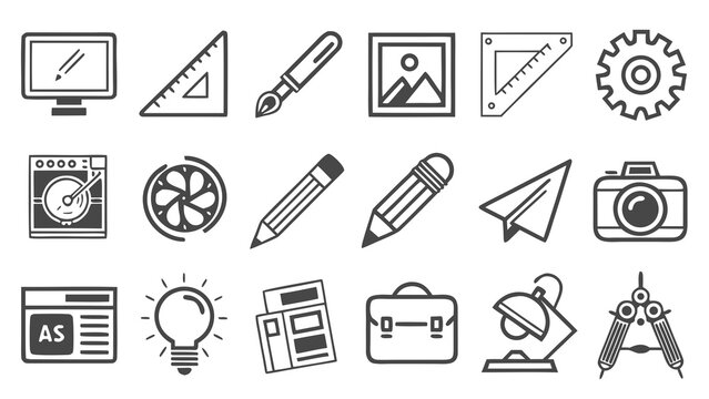 A collection of 16 flat black and white line art icons representing various creative and design tools on a white background