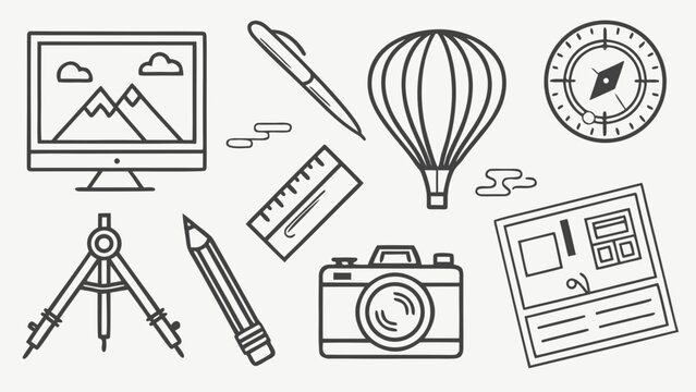 A collection of creative and design related icons including a computer monitor, hot air balloon, compass, and camera in a simple line art style
