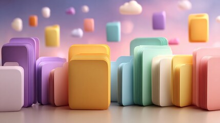 Fototapeta premium Colorful 3D Blocks Floating in Pastel Sky with Clouds