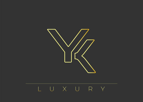 YK Luxury Modern Interlocking Letter Logo Design. Luxury Monogram Logo With Gold Outline On dark Background, Elegant Minimal Branding Mark.