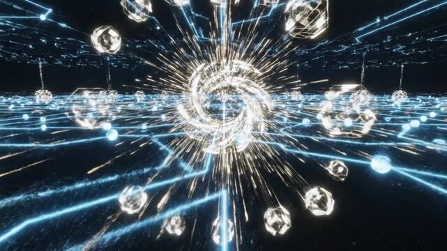 Abstract digital cyber space with neon blue circuit lines and glowing data spheres in dynamic motion with light streaks.