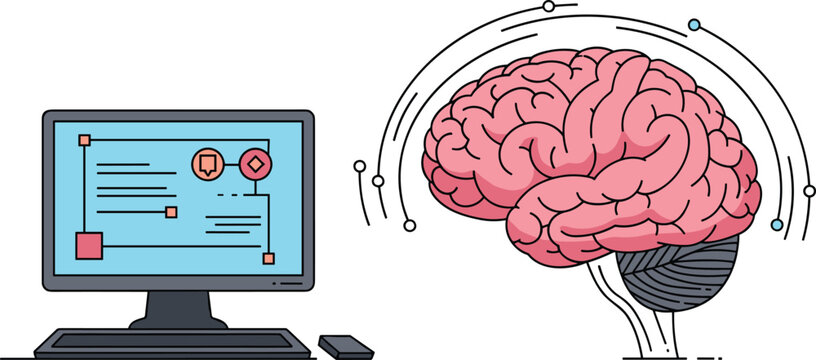 Brain connected to computer interface flat vector illustration for artificial intelligence and data processing concept