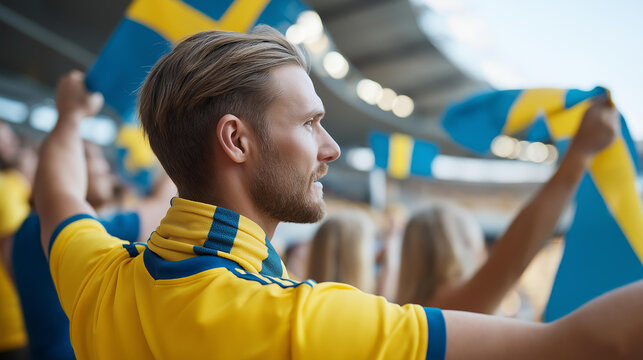 Rear view of a Swedish fan group in yellow jerseys waving flags after a winning goal, Scandinavian fan culture concept, European football support, championship victory, defocused