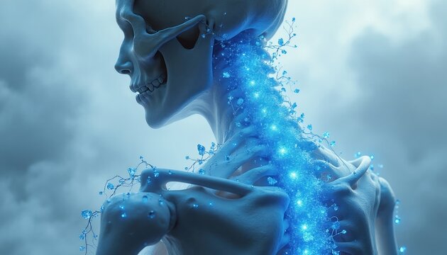 Human skeleton side profile with vibrant blue crystal energy flowing through spine and body. Abstract concept for transformation, vitality, and mind body connection in digital space.