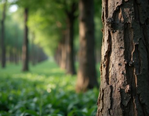 Fototapeta premium Close up textured tree trunk in sunlit green forest grove. Tall trees grow in orderly rows creating natural avenue path. Lush undergrowth covers forest floor.