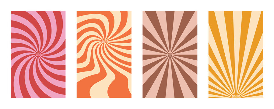 Swirl groovy Starburst. Pop art poster collection. Funky summer curl and shine. Groovy retro background. 70s Vector set.