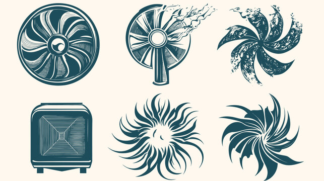 Six blue-green stylized mechanical and natural elements on cream background. Graphic design elements