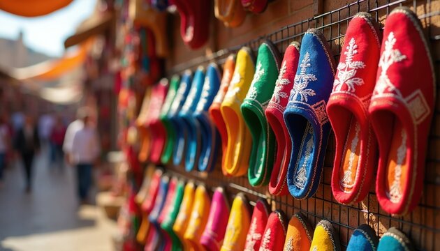 Colorful Moroccan slippers displayed at a market stall. Traditional embroidered footwear in vibrant hues, handcrafted for sale. Variety of styles and patterns, local artisan crafts.
