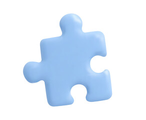 Obraz premium Minimalist blue 3D puzzle piece icon isolated on a white background. Realistic glossy render of a single jigsaw element.