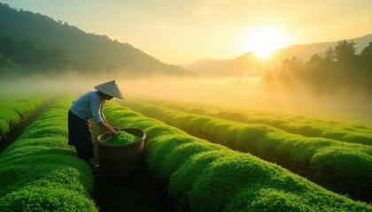 Fototapeta premium Farmer harvests green tea leaves in a misty field at sunrise. Rows of lush plants stretch into the distance with golden sunbeams breaking through the fog. Cultivation scene in a rural landscape.