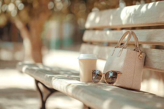 Coffee cup and handbag with sunglasses on a sunlit park bench for a relaxed summer break