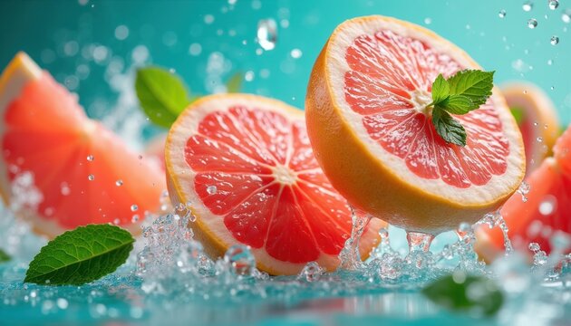 Bright grapefruit halves and slices with mint leaves splash in clear water. Juicy citrus fruit refreshing drink preparation or healthy food concept. Vibrant colors and clean water.