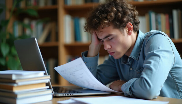 Young man with curly hair looks worriedly at loan papers near laptop in library. He feels stressed about tuition fees and future payments, overwhelmed with financial burdens.