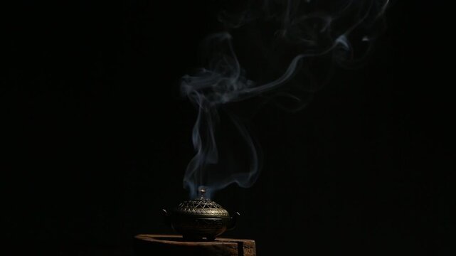 Blue texture smoke from incense aroma stick in vintage holder box motion rising above in stands near burning candle fire on copy space dark background. Meditation, yoga, wellness relaxation concept