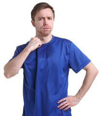 Obraz premium Man suffering from sweating on white background