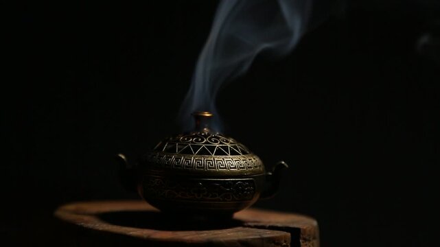 Blue texture smoke from incense aroma stick in vintage holder box motion rising above in stands near burning candle fire on copy space dark background. Meditation, yoga, wellness relaxation concept