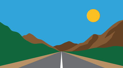 Desert highway stretching through mountains under a sunny sky with mountains transportation landscape adventure exploration connection geography environment outdoors vacation expedition © MSTSUMAIYA