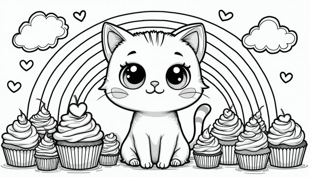 Cartoon cat sits with cupcakes under rainbow clouds. Coloring page for kids has simple outlines and sweet desserts. Fun drawing for children party event or sweet treat art.