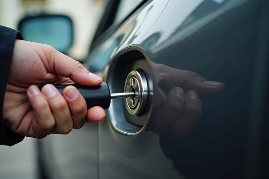Locksmith's Hand: Unlocking a Car Door with a Lockpick (Close-up Shot)