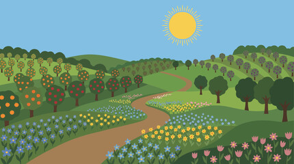 Rolling hills covered in trees and flowers with a winding path landscape gardening adventure exploration connection geography environment outdoors vacation expedition wanderlust © MSTSUMAIYA