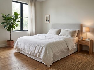 Fototapeta premium Bright modern bedroom interior with cozy bed, natural sunlight, wooden furniture and minimalist Scandinavian design. 