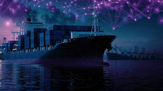 Container ship at night with network overlay, purple data nodes linking global ports, calm water reflections, illuminated skyline, stacked containers, logistics