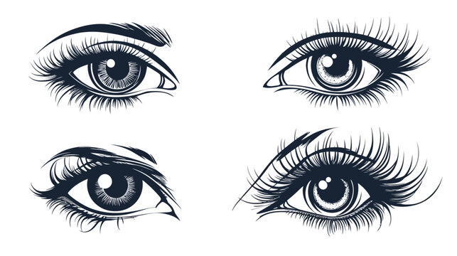 Four stylized vector illustrations of eyes with long eyelashes and detailed irises, black on white