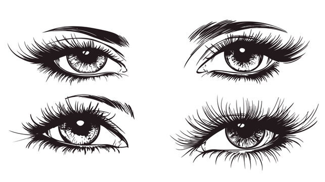 Artistic ink illustration featuring four detailed close-up drawings of eyes with intricate eyelashes and brows