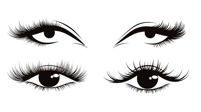 Black and white illustration of four detailed eyes with dramatic, long eyelashes and defined eyebrows