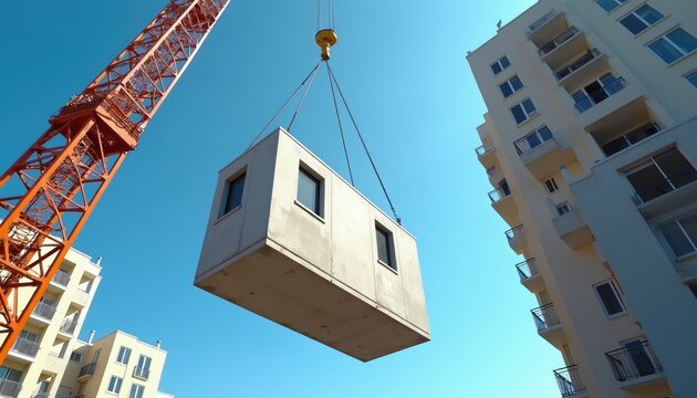 Crane lifts concrete module for building construction. Prefabricated housing elements assembled on site. Modern architecture progress in urban city development.