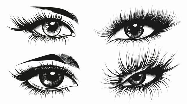 Artistic black and white illustration of four detailed eyes, varying angles, focusing on lashes and iris
