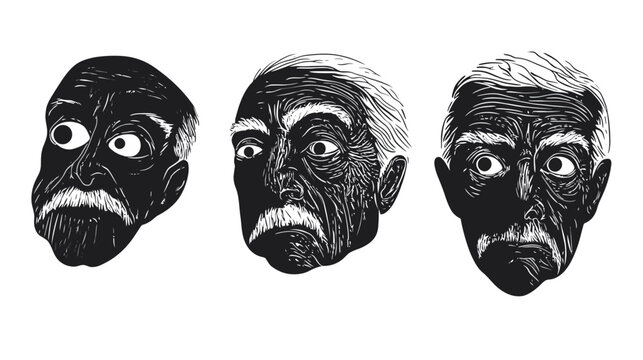 Three stylized, black and white illustrations of an older man's face, each with different expressions