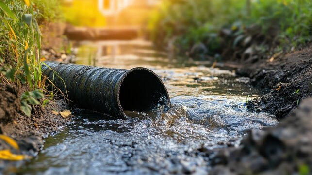 Contaminated urban creek receives polluted water discharge from an open pipe, environmental issue.