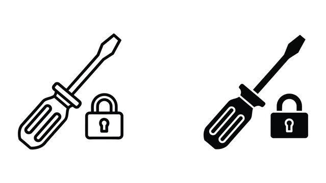 Black and white screwdriver with lock icon set