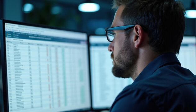 Man with glasses reviews payroll data on computer screen. He analyzes employee records and financial reports in dark office. Digital dashboard shows payment history.