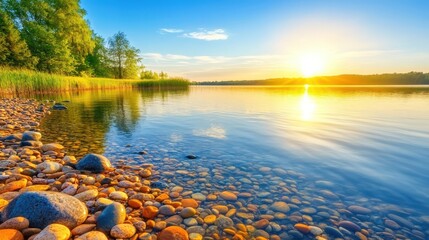 A Serene Lake at Sunset with Colorful Pebbles Along the Shore Reflecting Golden Sunlight and a Clear Sky