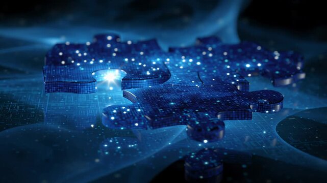 Glowing blue puzzle pieces on digital grid, metallic interlocking chips and circuits pulsing with data streams, luminous nodes and fiberlike light trails