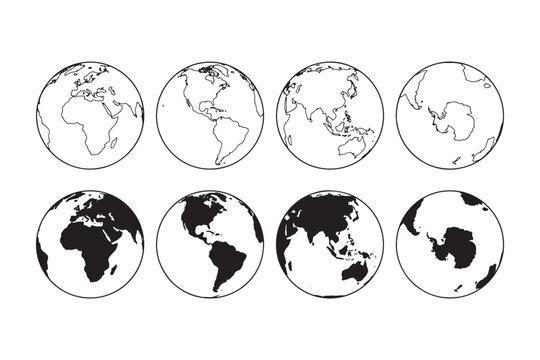 Eight black and white map showing different continents and countries on transparent background, continent map