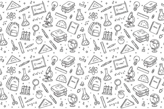 Back to School Doodle Pattern with Backpack and Study Tools Seamless Background