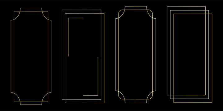 Golden thin frame set. Gold geometric borders in art deco style. Thin linear radiance rectangular shape collection. Yellow glowing shiny boarder element pack. Vector bundle for photo, cadre, poster