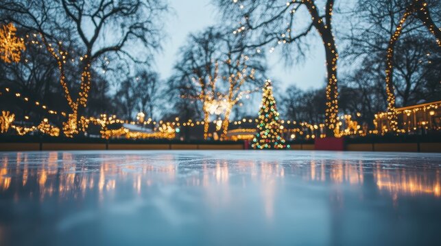 Festive Winter Wonderland Park with Illuminated Christmas Tree and Ice Skating Rink