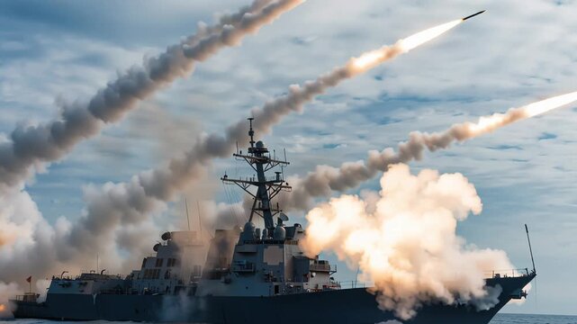 Destroyer launches missiles over ocean at dusk during live fire naval drill, blazing missile trails and thick smoke plumes, radar mast and gun turret