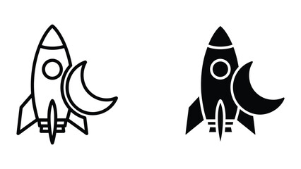 Black and white rocket ship icons with crescent moon © Jahidul