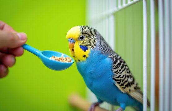 Blue budgerigar bird pecks seeds from spoon offered by person hand. Small parakeet eats food inside cage near perch. Pet shows curiosity and tame behavior, interacting with owner.
