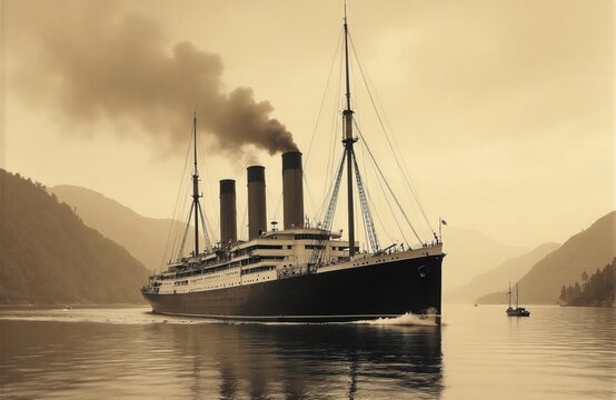 Large vintage steamship sails on calm water near misty mountains. Smoke billows from funnels. Other small boats visible at distance. Maritime travel scene, old transport.