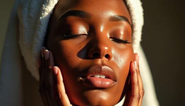 Black woman face closes eyes wearing towel on head. Skin gleams in soft light, hands gently touch cheek in calm self care moment. Peaceful woman feels serene.