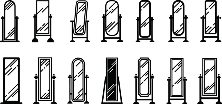 Floor mirror furniture vector set with various frame shapes including oval and rectangular.