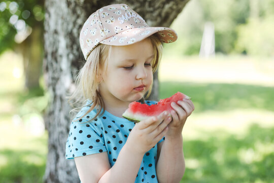 cute little girl eating watermelon outdoors in summertime. Child and watermelon in summer. 