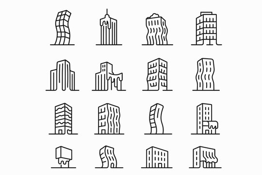 Surreal Skyscraper Icons. Surreal melted skyscrapers. Line outline icon set of surreal melted skyscrapers: