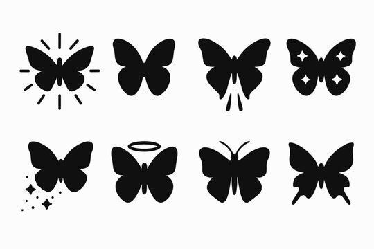 Mystical Light Butterflies. Mystical butterflies made of light. Filled icon set of mystical butterflies made